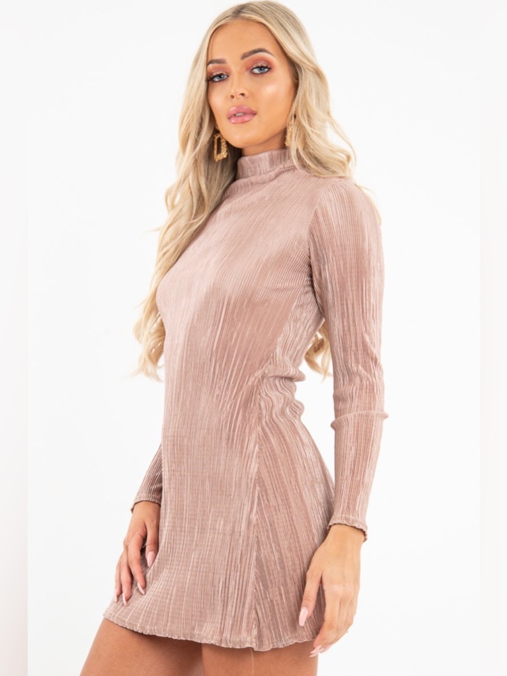 MOCHA PLISSE HIGH NECK MINI DRESS - MARIETA Size S Open Back Long Sleeve